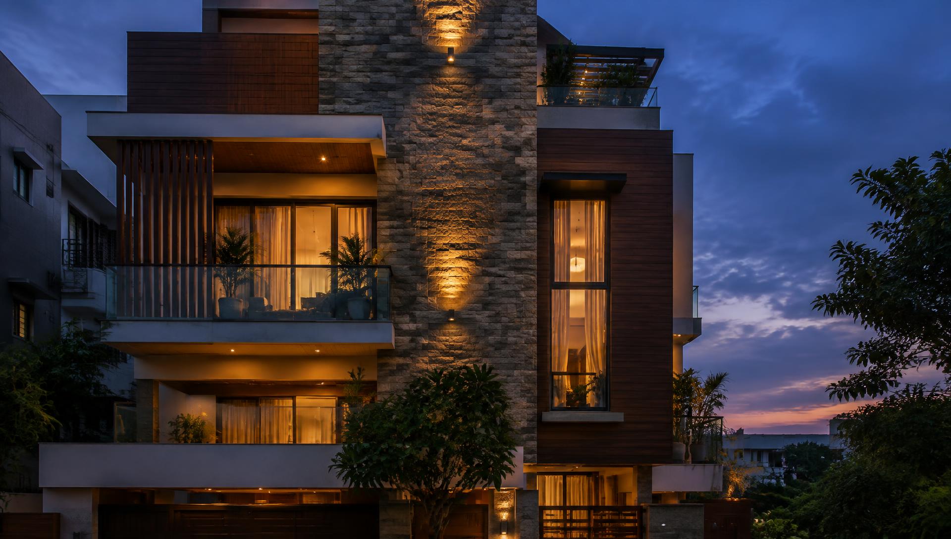 Contemporary residence facade at dusk in Jharkhand