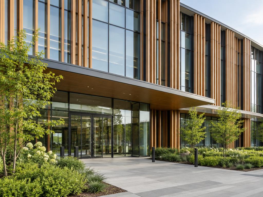 Modern office building exterior with timber fins