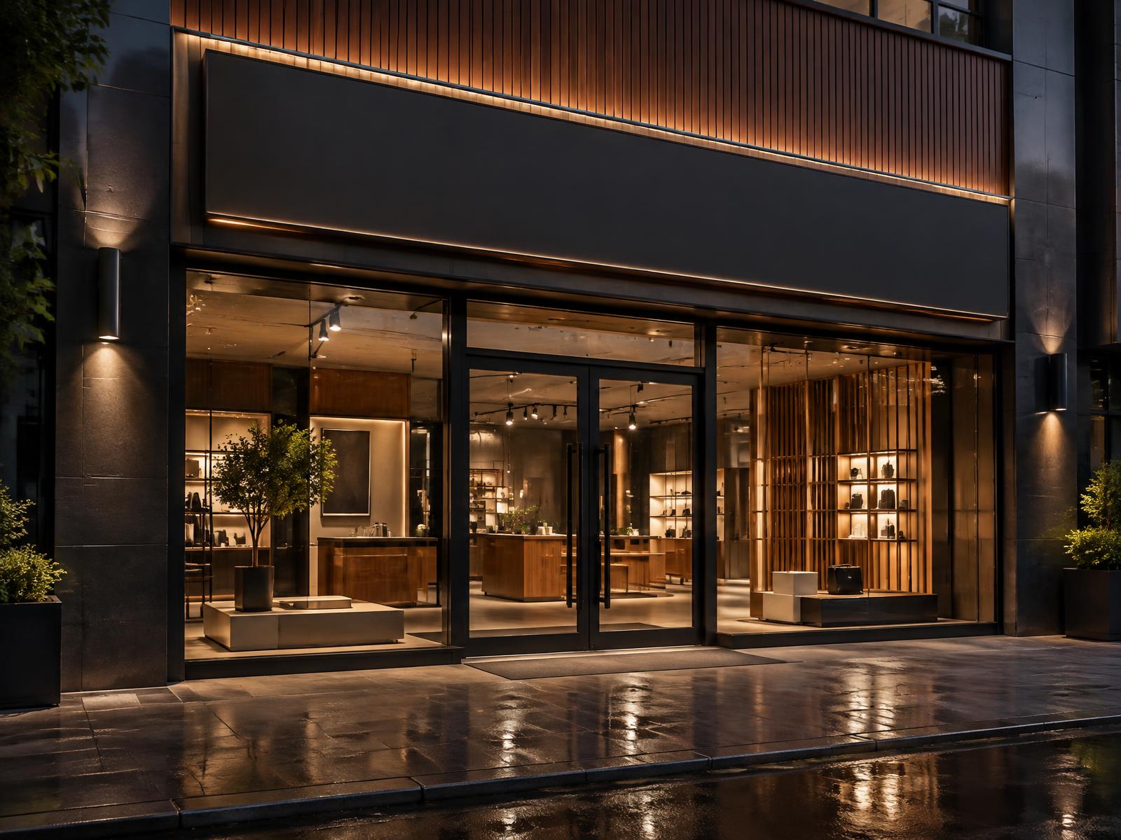 Premium commercial shopfront with glass frontage and wooden fins