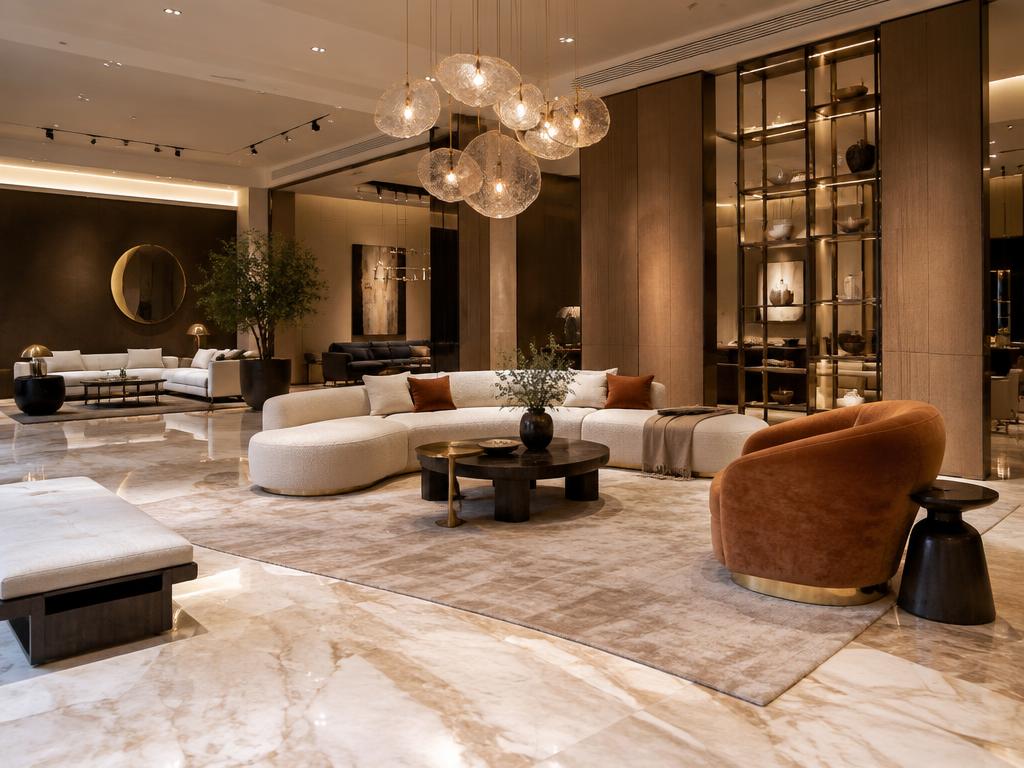 Luxury furniture showroom interior with marble floor