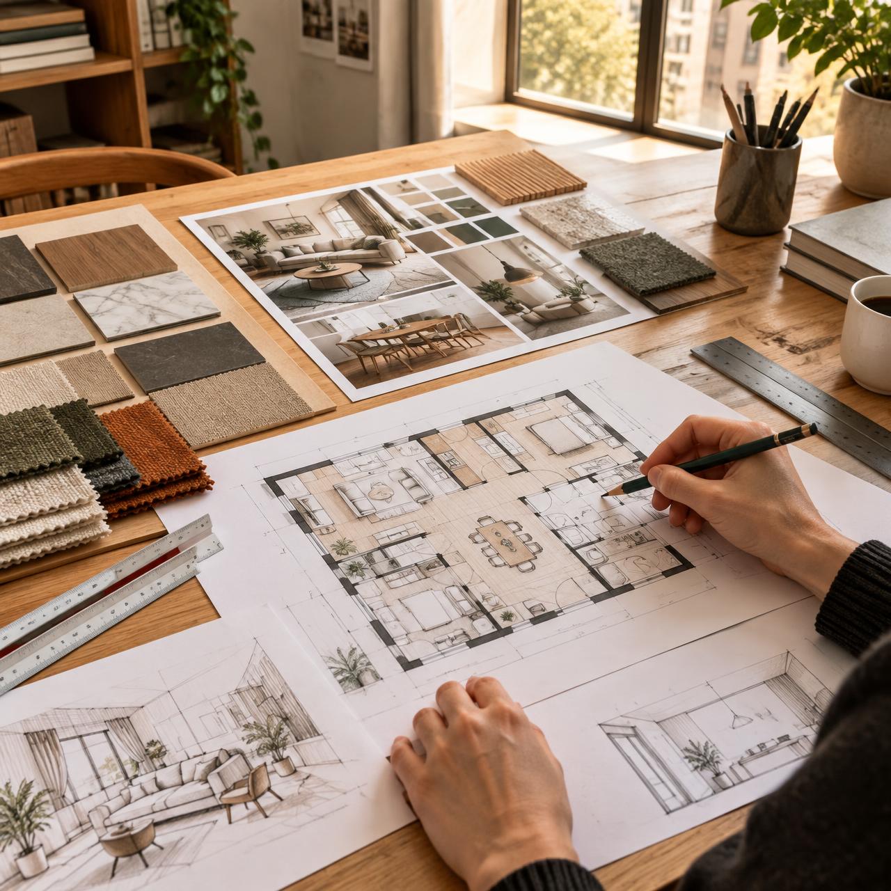 SKV Interiors design studio desk with floor plans, sketches and material samples