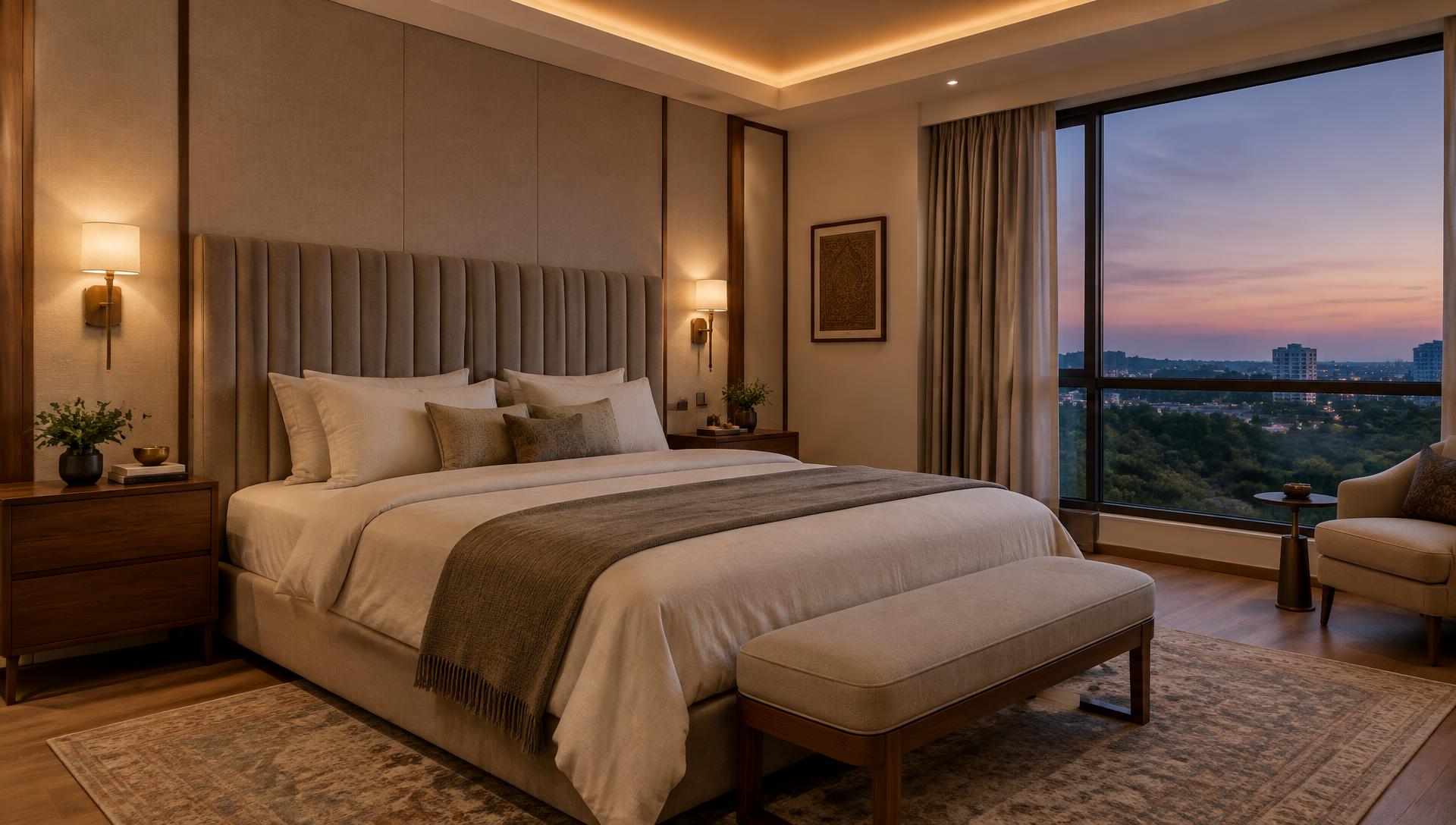 Luxury master bedroom with fluted headboard and cove ceiling
