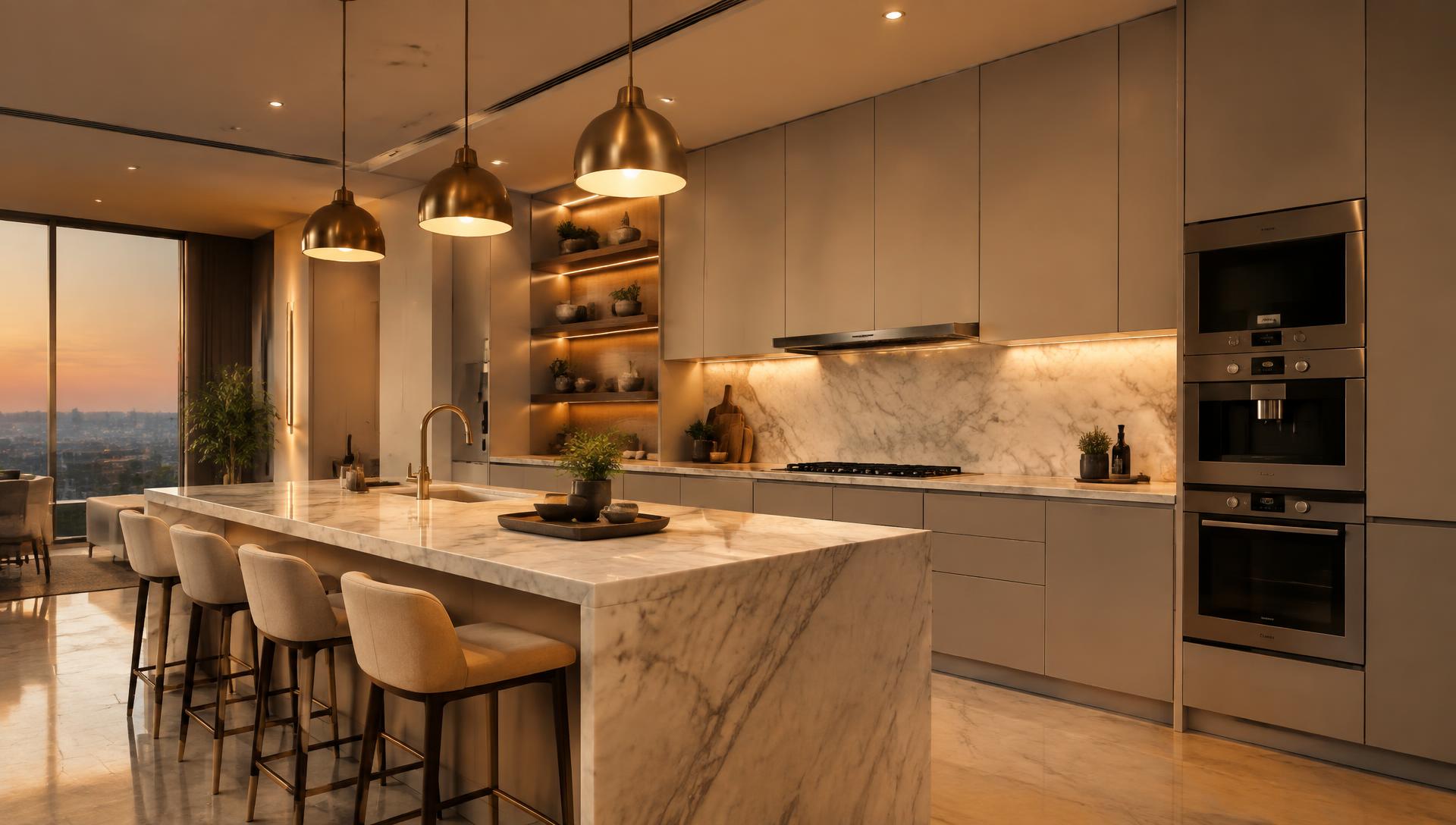 Premium modular kitchen with marble island designed by SKV Interiors