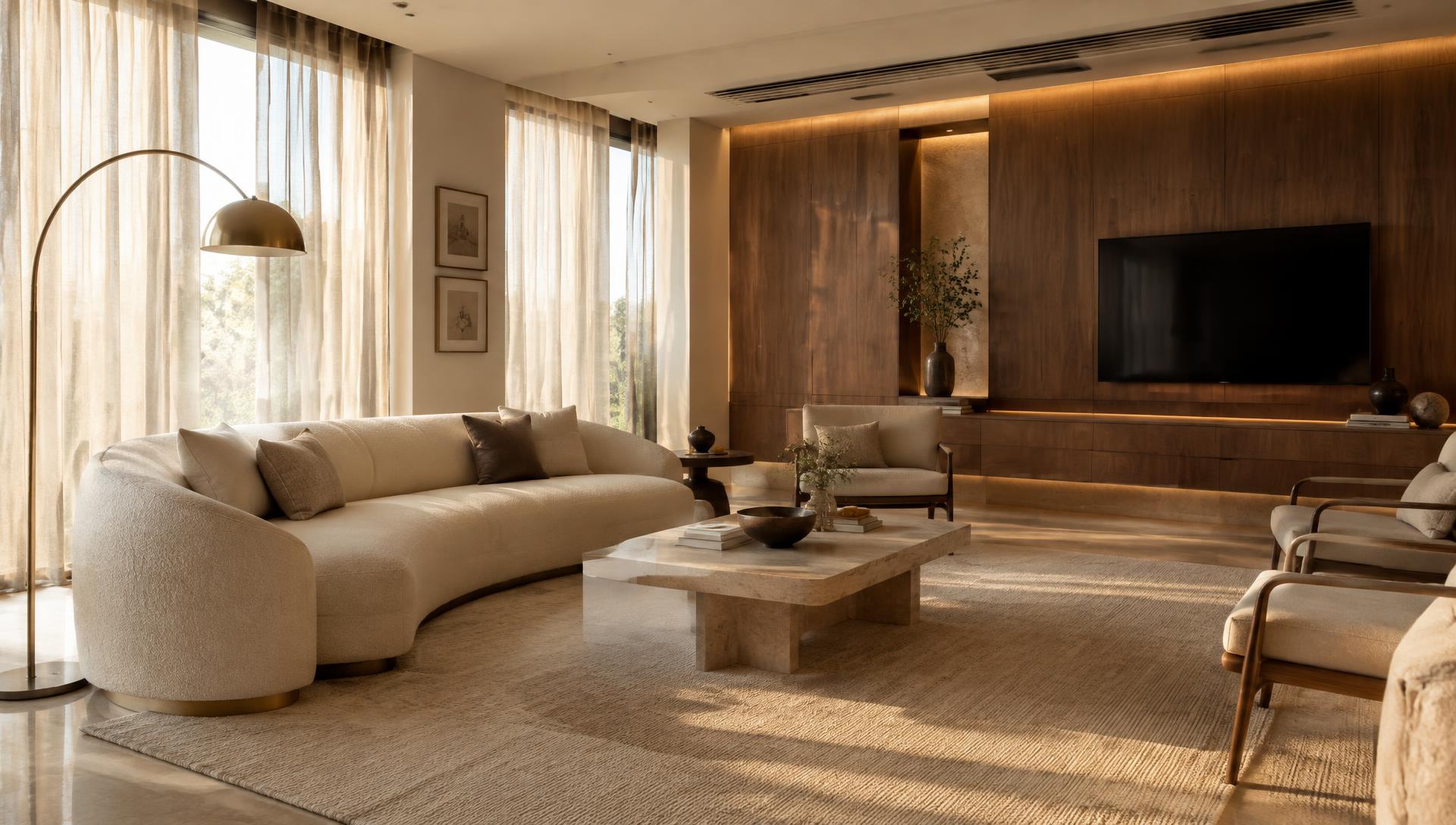 Luxury contemporary living room with boucle sofa and walnut panelling by SKV Interiors Ranchi