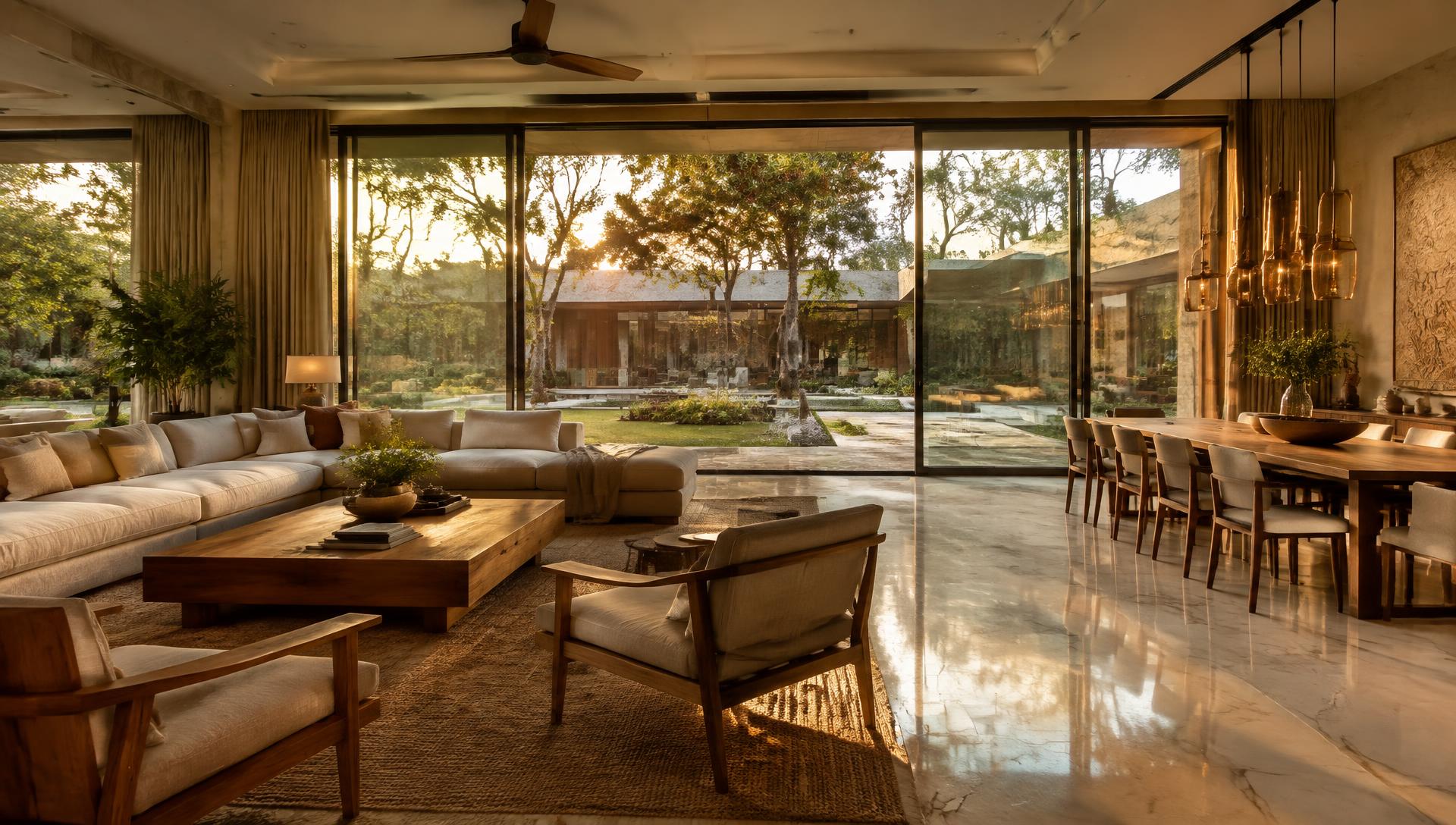 Courtyard residence living and dining space with floor-to-ceiling glass, Ranchi