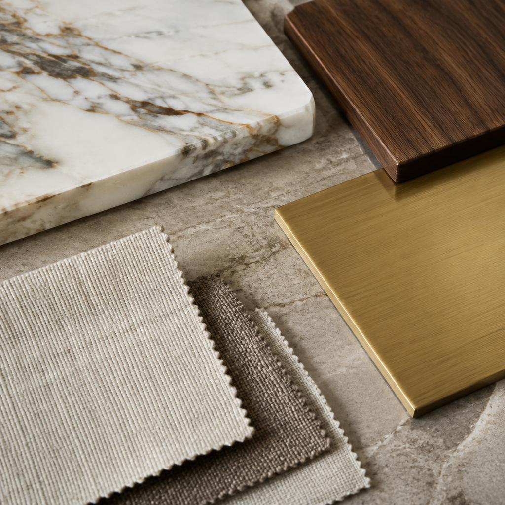 Marble, walnut, brass and linen material samples