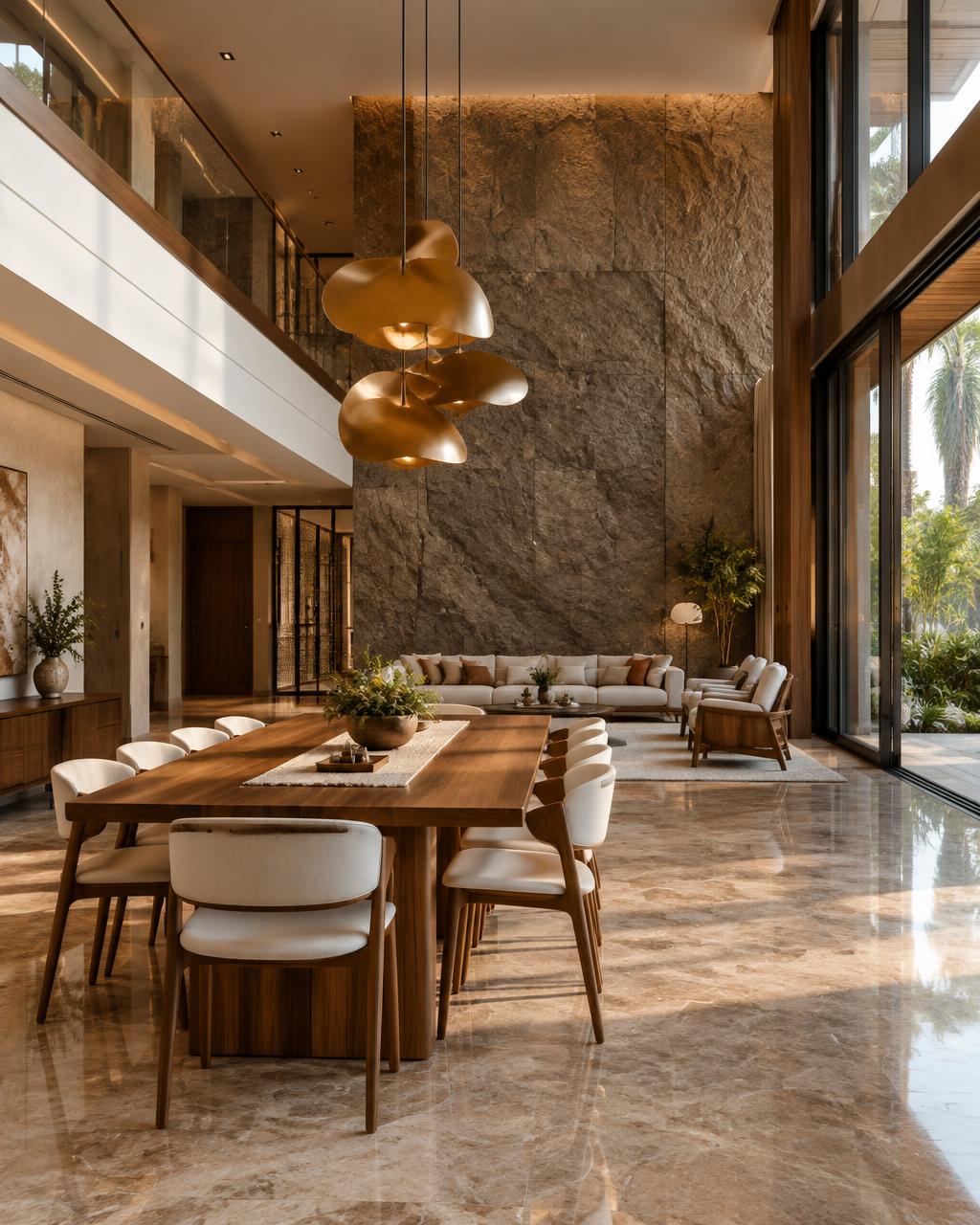 Double-height dining and lounge with stone feature wall in a Ranchi villa
